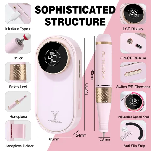 Miniatura 5 de YOKE FELLOW Taladro de uñas – 40000 RPM lima de uñas eléctrica para uñas acrílicas profesional con 12 brocas de manicura, pedicura, pulido de uñas
