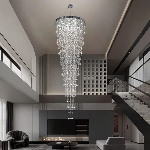 Candelabro de escalera de cristal contemporáneo, lámpara colgante de suspensión para escalera, techo alto, vestíbulo, entrada, 32 pulgadas de ancho