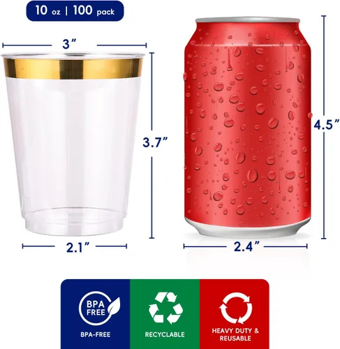Miniatura 2 de JOLLY CHEF Paquete de 100 vasos de plástico dorado de 10 onzas, vasos de plástico transparente elegantes con borde dorado desechables, perfectos