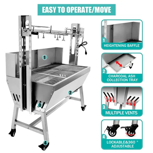 Miniatura 3 de Asador de acero inoxidable, asador de cordero de cerdo pequeño con motor de 25 W, parrilla asadora de carbón de 37 pulgadas para acampar al aire