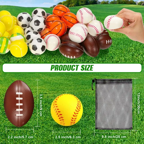 Miniatura 3 de HyDren 72 pelotas deportivas para el estrés, mini pelota deportiva de espuma, incluye bolsa de almacenamiento, baloncesto, fútbol, fútbol, tenis
