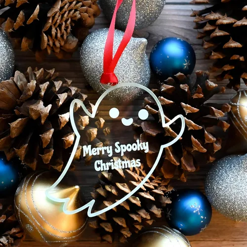 Miniatura 5 de LHS Caja de regalo personalizada para decoración de árbol de Navidad de Halloween, incluye fantasma espeluznante, adorno personalizado 2022