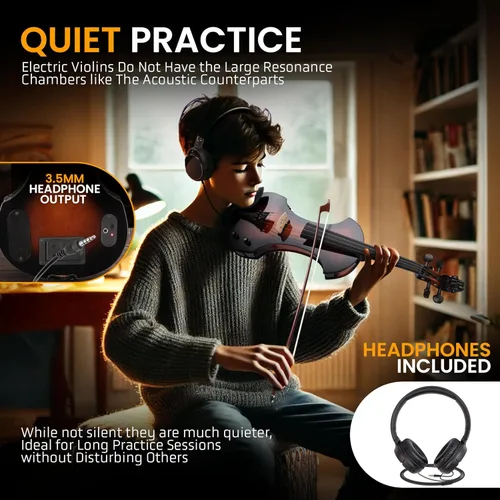 Miniatura 3 de Pyle Kit de violín eléctrico de tamaño completo, violín silencioso de madera maciza 4/4 con estuche rígido, arco, accesorios de ébano y sintonizador