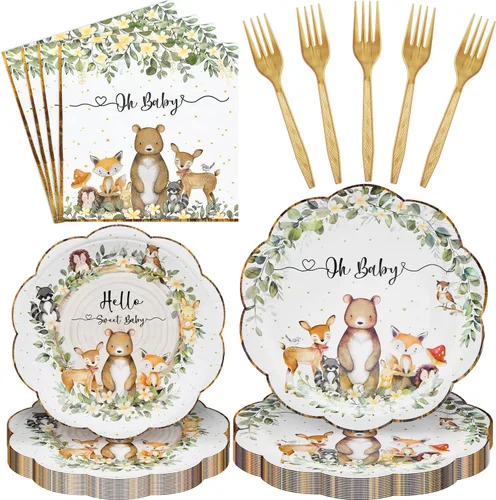Juego de vajilla de 96 piezas para baby shower, vajilla desechable de animales del bosque festoneado con platos de papel, servilletas y tenedores