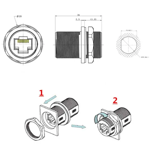 Miniatura 8 de 5 unids Panel de montaje blindado RJ45 impermeable Cat5/5e/6 8P8C conector Ethernet LAN Cable adaptador de doble cabeza con impermeable/tapa