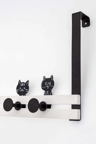 Miniatura 5 de Creathome Riel sobre la puerta con 4 ganchos de clavija, bonito patrón de gato, estilo blanco y negro