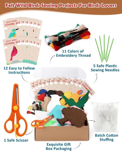 Miniatura 3 de CiyvoLyeen Kit de Costura de Aves Silvestres para Niños y Niñas Kit de Costura de Animales para Principiantes Conjunto de 12 Proyectos de Costura