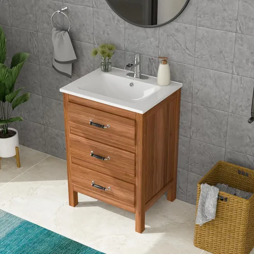 Miniatura 7 de Lordear Fregadero de baño blanco con un agujero de 24 x 20 pulgadas, un agujero, porcelana, cerámica, lavabo para lavabo de baño de 24 pulgadas