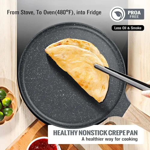 Miniatura 6 de SouxMux Sartén antiadherente para crepas de 8 pulgadas con esparcidor, sartén Dosa Tawa recubierta de cerámica, sartén plana compatible con Negro