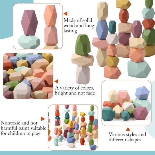 Miniatura 3 de Jenaai 60 piezas de rocas apilables Montessori coloridas piedras de equilibrio de madera para cesta de Pascua, bloques educativos de aprendizaje
