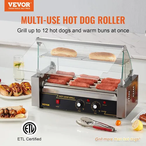 Miniatura 2 de VEVOR Parrilla giratoria para perritos calientes con 5 rodillos y capacidad para 12 perritos calientes, máquina de cocción de salchichas de 750W