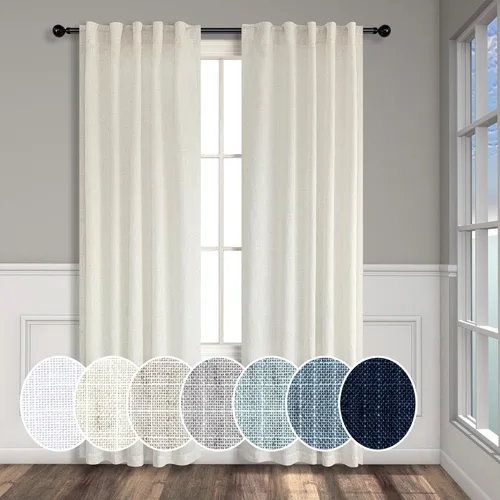 Miniatura 14 de Cortinas de lino azul de 84 pulgadas de largo para sala de estar; juego de 2 paneles con lengüeta trasera; cortinas con dobladillo para barra; Azul