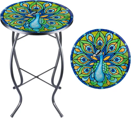 Miniatura 10 de VCUTEKA Mesa Auxiliar para Exteriores Mesa Auxiliar de Mosaico Mesa Auxiliar para Patio Mesa Auxiliar Pequeña con Tapa de Vidrio Mesa de Centro