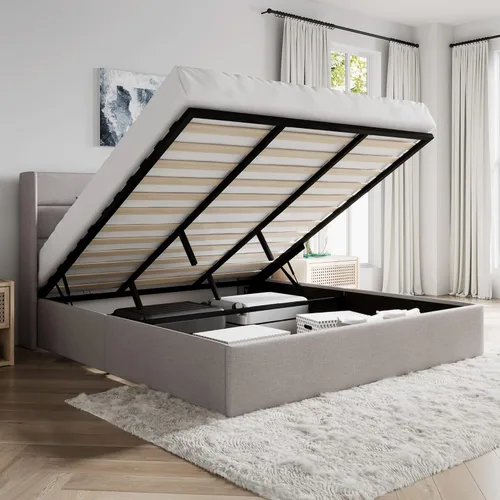 Miniatura 15 de SHA CERLIN - Cama de tamaño completo con almacenamiento elevado/Cabecero abatible moderno/Base de cama tapizada con plataforma/Almacenamiento Beige