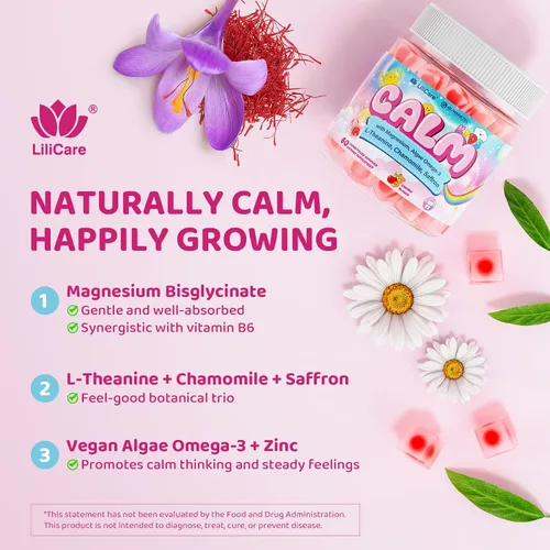 Miniatura 5 de Kids Calm - Gomitas de bisglicinato de magnesio y azafrán + Omega 3 vegano, suplemento quelado de glicinato de magnesio para niños con L-teanina
