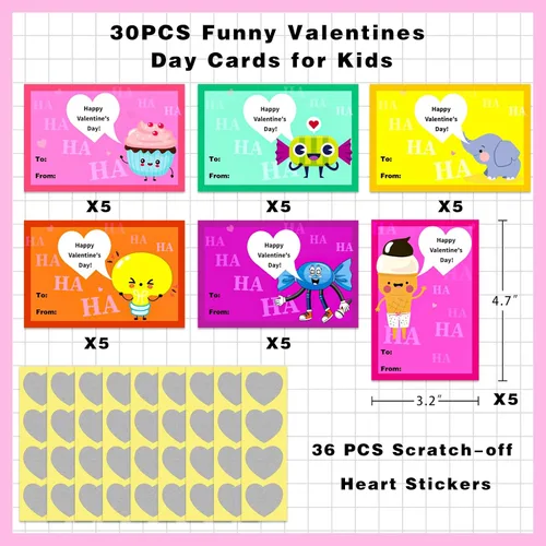 Miniatura 6 de JUESMOS Tarjetas de San Valentín para niños, 30 tarjetas divertidas de broma para raspar con calcomanías, tarjetas de felicitación de San Valentín