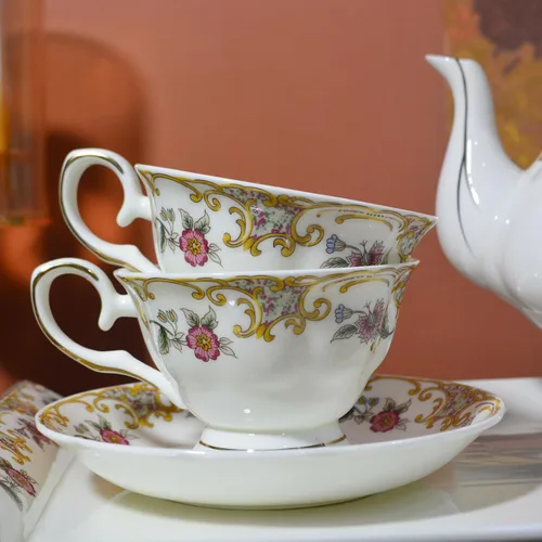 Miniatura 5 de ACMLIFE Juego de té de porcelana de hueso para adultos, juego de té de porcelana fina blanca y floral de 21 piezas, juego de 6 tazas de té inglés