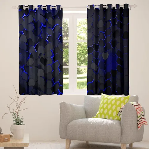 Miniatura 4 de Manfei Cortinas opacas negras de panal de abeja con luces de neón azul real, tratamientos de ventana con estampado geométrico hexagonal, decoración