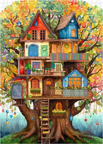 Rompecabezas de casa del árbol para adultos de 1000 piezas, rompecabezas de árbol de la vida de fantasía, rompecabezas duros desafiantes para