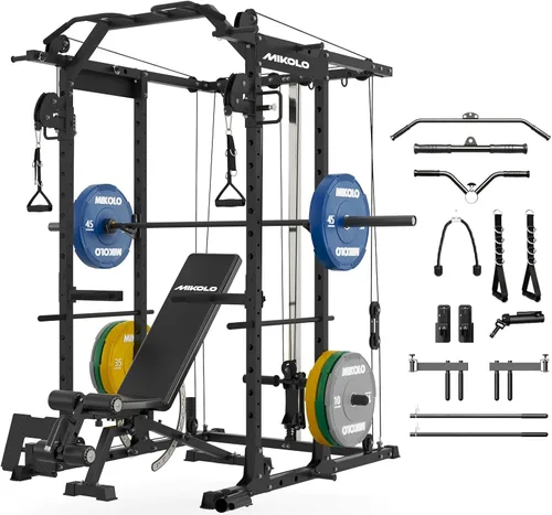 Miniatura 8 de Mikolo Jaula de Potencia, Rack de Potencia con Sistema de Cruce de Cables, 1500LBS Rack para Sentadillas con Sistema de Jalón LAT, Jaula de Rojo