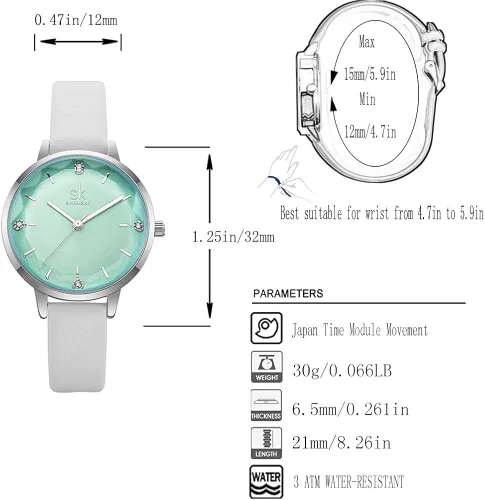 Miniatura 2 de SK - Reloj de pulsera para mujer, correa de piel, de cuarzo, reloj de lujo japonés de cuarzo.