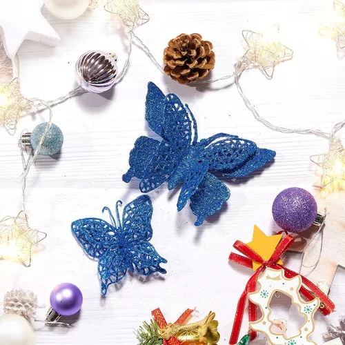 Miniatura 5 de 16 decoraciones de árbol de Navidad con purpurina, 2 estilos de adornos de mariposa hueca con clips, decoraciones de mariposa artificial para árbol