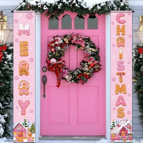 Miniatura 9 de Decoración de fondo navideño de pan de jengibre - Suministros festivos rosados alegres, accesorios de fotos de Candyland para decoración de letrero