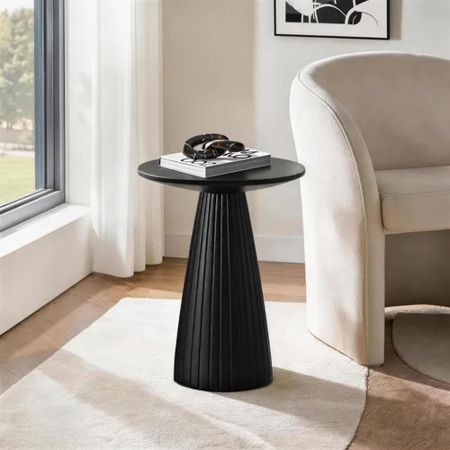 Miniatura 8 de Mesa auxiliar con pedestal negra de 14.56 pulgadas de diámetro, mesa auxiliar moderna, diseño de base acanalada, mesa de bebida minimalista