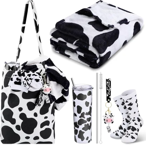 Yaomiao Juego de 5 Piezas de Regalos de Vaca para Mujeres: Vaso Térmico de Acero Inoxidable con Patrón de Vaca de 20 oz con Tapa, Pajita, Bolsa