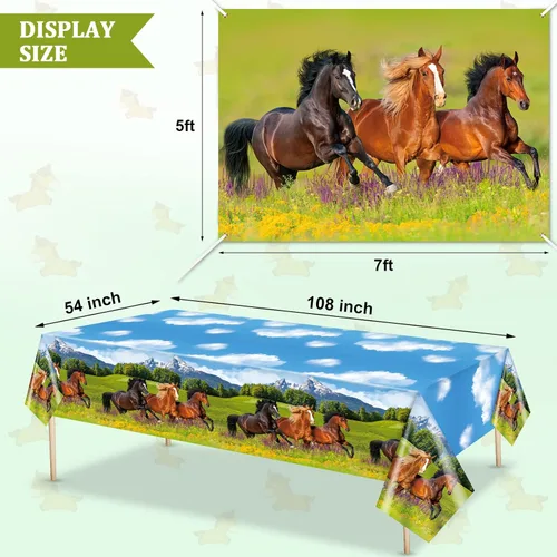 Miniatura 3 de 8 piezas de suministros de decoración de fiesta de cumpleaños de caballo, incluye guirnalda de caballos, pancartas de papel, manteles de plástico