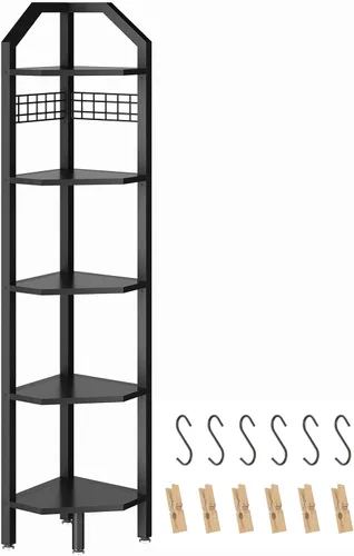 Miniatura 9 de YMYNY UHBR006B - Estante esquinero de pared de 5 niveles, estante de escalera de esquina, marco de metal, estante de exhibición con rejilla de Negro