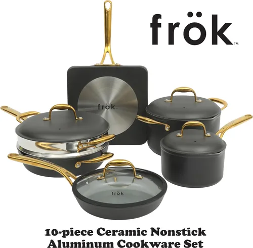 Miniatura 2 de Frok Juego de 10 piezas de ollas y sartenes de aluminio de 4 mm de espesor con revestimiento antiadherente de cerámica libre de PFA