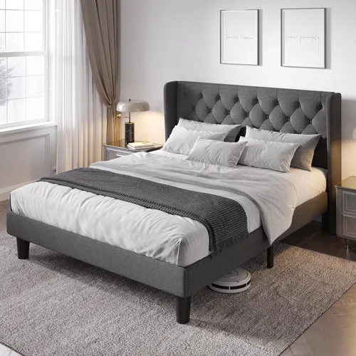 Miniatura 9 de Allewie Base de cama de tamaño matrimonial con cabecera copetuda con botones en la parte trasera, marco de cama tapizado moderno con soporte
