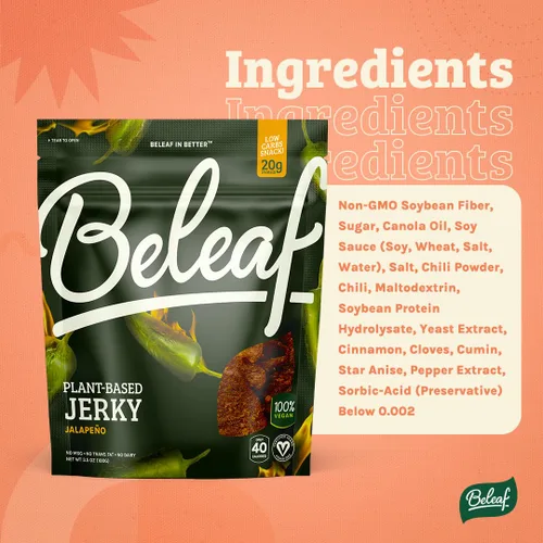 Miniatura 3 de Beleaf Jerky a base de plantas de jalapeño: aperitivo alto en proteínas, cecina vegana saludable y sabrosa para energía sobre la marcha, sabrosa