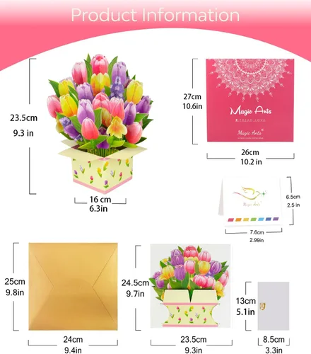 Miniatura 7 de Tarjeta de felicitación de primavera 3D con diseño de tulipanes coloridos para el día de la madre, cumpleaños, Pascua, aniversario, agradecimiento