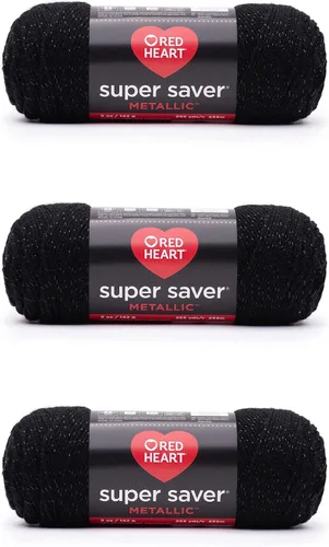 Red Heart Super Saver - Hilo metálico negro – Paquete de 3 unidades de 5 onzas/142 gramos – Acrílico – 4 medianos (peinado) – 255 yardas –