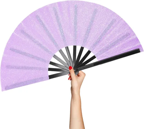 Miniatura 8 de Ventilador de mano plegable grande para rave, ventilador de estallido para baile de línea, ventilador plegable para exteriores, boda, fiesta, Negro