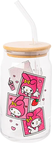 Miniatura 14 de Silver Buffalo Sanrio - Vaso de vidrio rosa con tapa de bambú y sorbete de vidrio de Hello Kitty, 16 onzas Hello Kitty Agitando