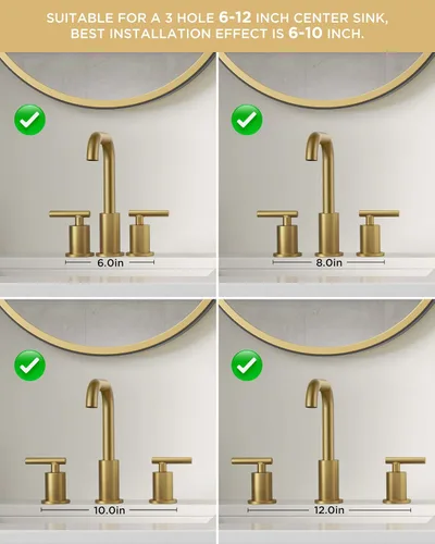 Miniatura 5 de FORIOUS Grifo de lavabo de baño dorado cepillado de 3 agujeros, 2 manijas de 8 pulgadas de separación amplia, grifos de baño, boquilla giratoria