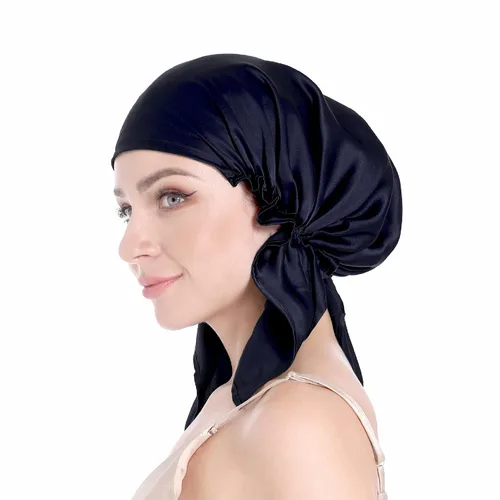 Miniatura 16 de SissiLita Gorro de seda 100% para dormir, gorro de seda grande con banda de amarre para el cuidado del cabello rizado (azul)