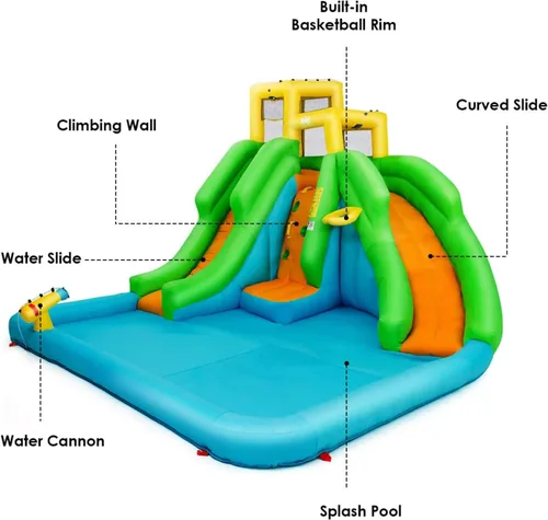 Miniatura 5 de Boundtech - Casa inflable para saltar, para usar en la alberca, con dos toboganes, pared de escalada, aro de baloncesto, alberca para sambullirse
