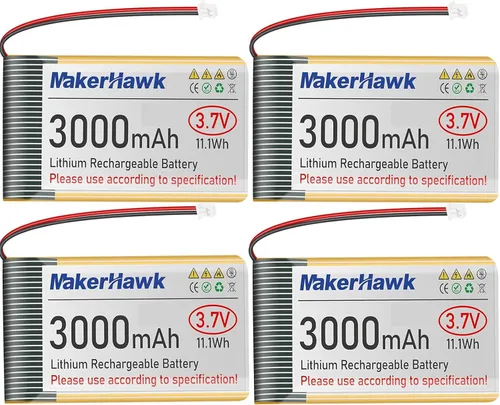 MakerHawk Batería LiPo de 3.7 V 3000 mAh recargable de polímero de litio 1S con placa de protección con cinta de goma aislada, enchufe micro JST