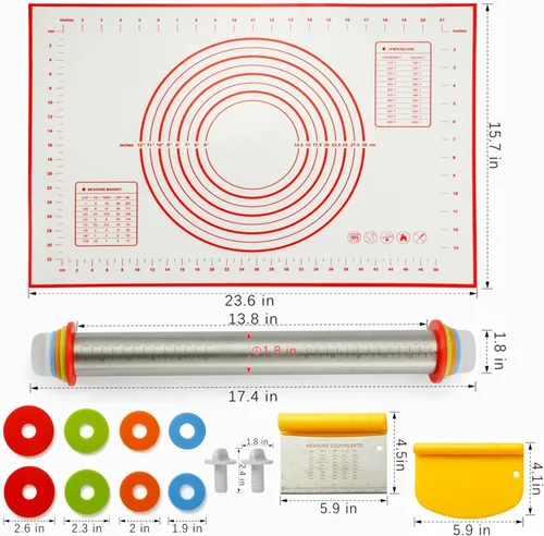 Miniatura 5 de MIKULA Rodillo, Juego de Rodillos con Anillos de Grosor y Alfombrilla de Silicona para Repostería, Rodillo de Masa de Acero Inoxidable para Hornear