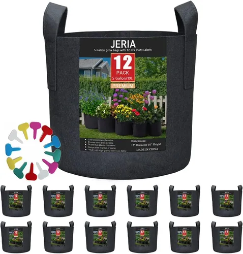JERIA - Paquete de 12 bolsas de 5 galones para cultivar vegetales, flores/plantas, macetas de tela con aireación y asas (negras), con 12 etiquetas