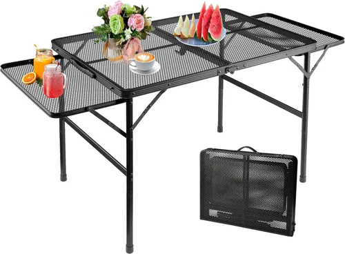 Mesa de camping plegable grande – Mesa de parrilla de malla metálica con 2 paneles de alas | 2 alturas ajustables | Mesa grande de picnic y al aire