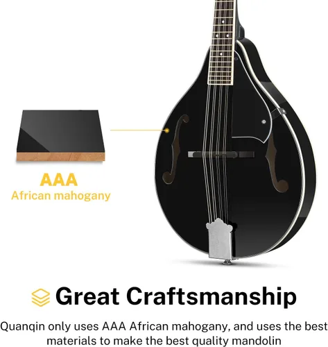 Miniatura 2 de Donner - Mandolina estilo A en negro para principiantes, adulto, instrumento musical acústico de 8 cuerdas, paquete con afinador, cuerdas, bolsa