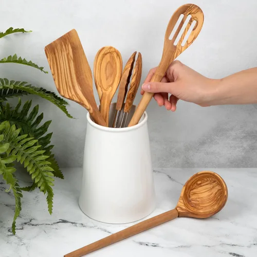 Miniatura 5 de Salt & York Juego de utensilios de cocina de madera de olivo de 5 piezas, incluye espátula, pinzas, cuchara ranurada, cucharón y cuchara de 12