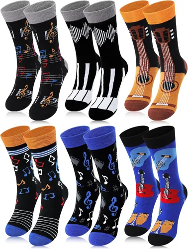 6 pares de calcetines musicales, regalos para hombres, divertidos calcetines temáticos de música, calcetines novedosos con notas de piano rocker,