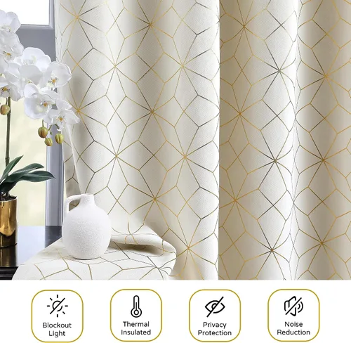 Miniatura 5 de Beauoop - Cortinas opacas 100% de 54 pulgadas de largo para dormitorio y sala de estar, con patrón marroquí dorado, paneles de tratamiento
