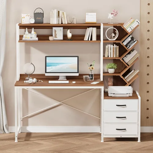 Miniatura 9 de YOMILUVE Escritorio reversible para computadora con gabinete, escritorio de oficina en casa con cajones y estantería, escritorio de estudio de 52